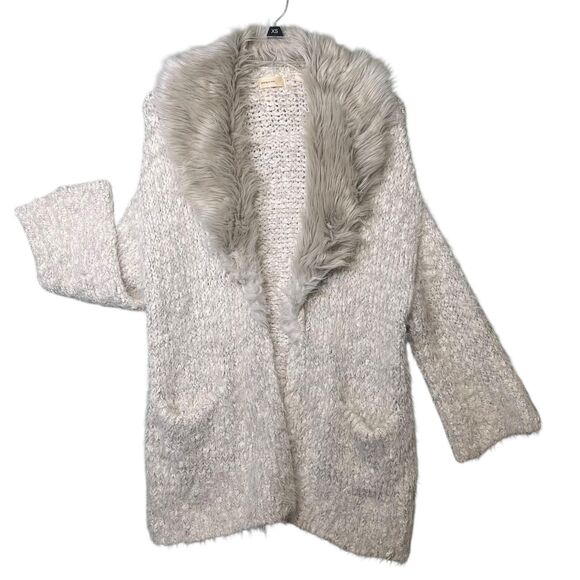 Sleeping on Snow Sweater Womens XS Beige Faux Fur Collar Open Cardigan Bohemian - Picture 11 of 12